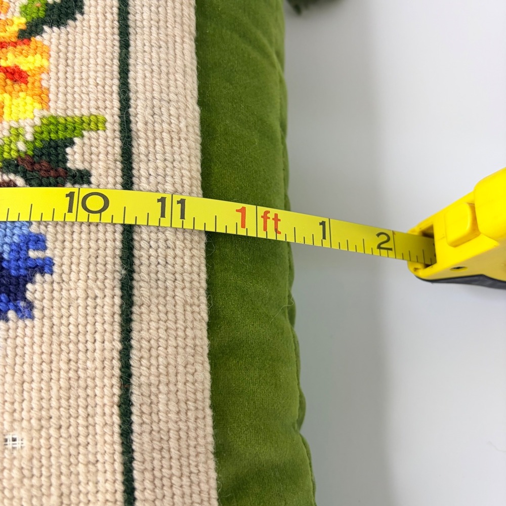 Vtg Floral Needlepoint Pillow Green Velvet Tassels Handmade Boho Cottagecore 70s - Picture 5 of 6